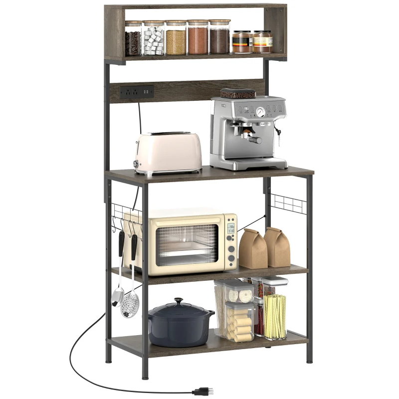 HOMCOM Baker's Rack with Charing Station, Microwave Shelf with Power Outlet, USB Charger and 5 Hooks, Distressed Grey