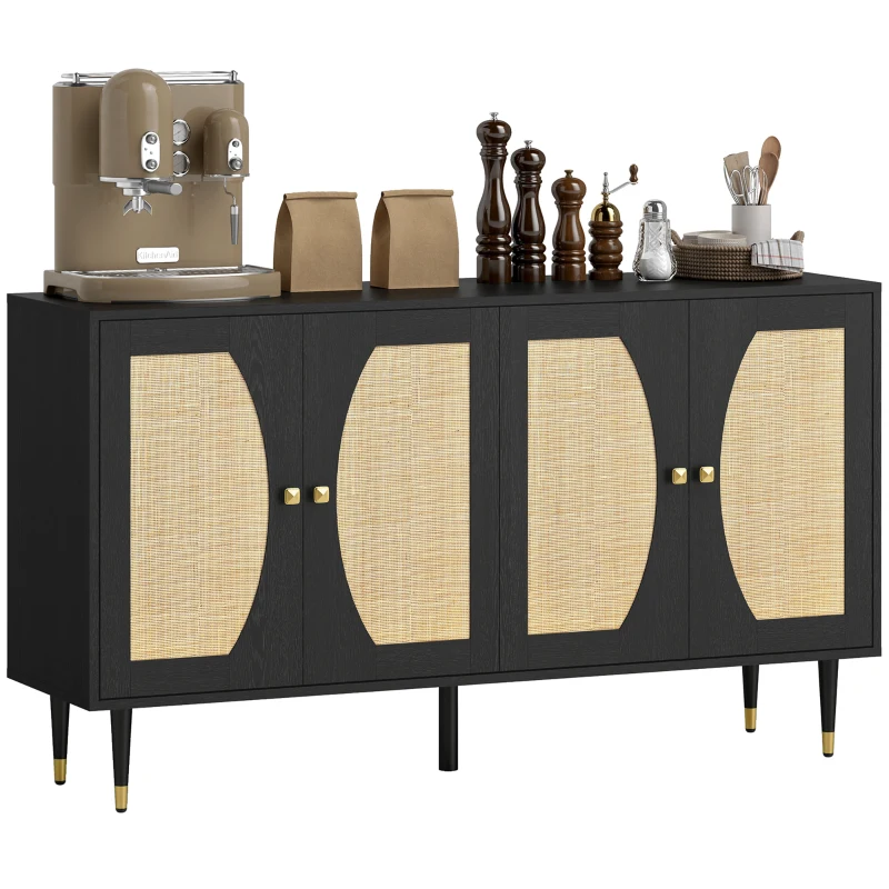 HOMCOM 55" Sideboard Buffet Cabinet, Boho Storage Cabinet with Adjustable Shelves, Soft Close Doors and Rattan Front, Black