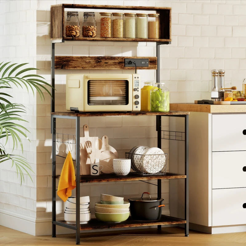 HOMCOM Baker's Rack with Charing Station, Microwave Shelf with Power Outlet, USB Charger and 5 Hooks, Rustic Brown