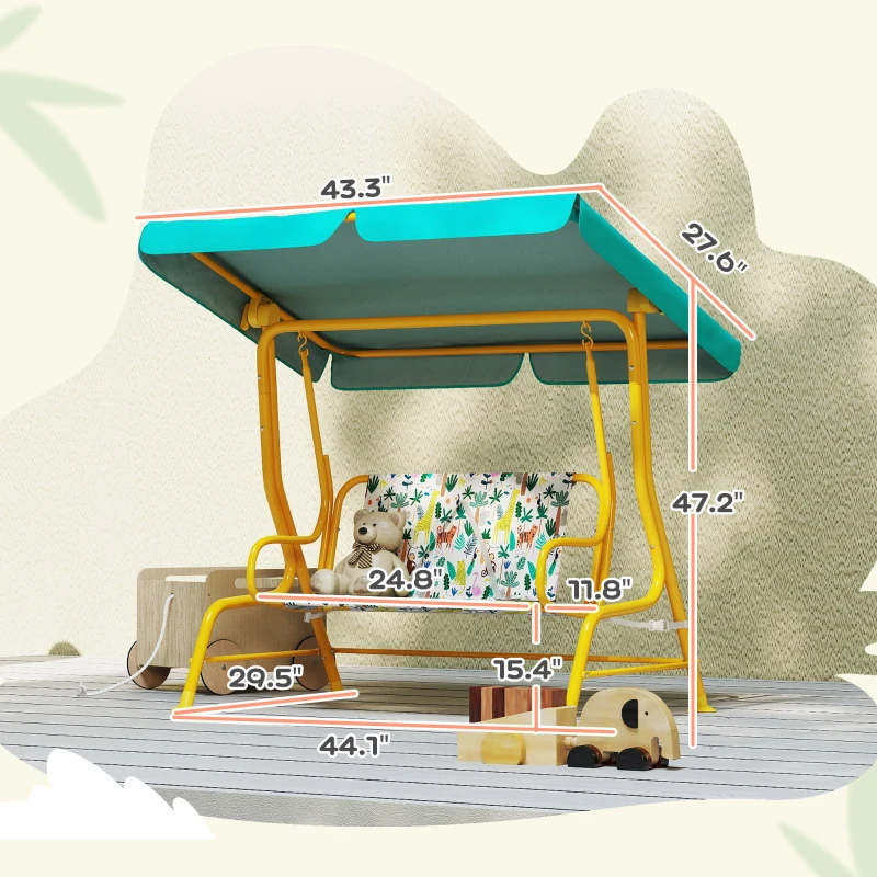 Qaba Kids Porch Swing, 2-Seater Patio Swing Bench with Safety Belts, Adjustable Canopy for Backyard, Garden, Green