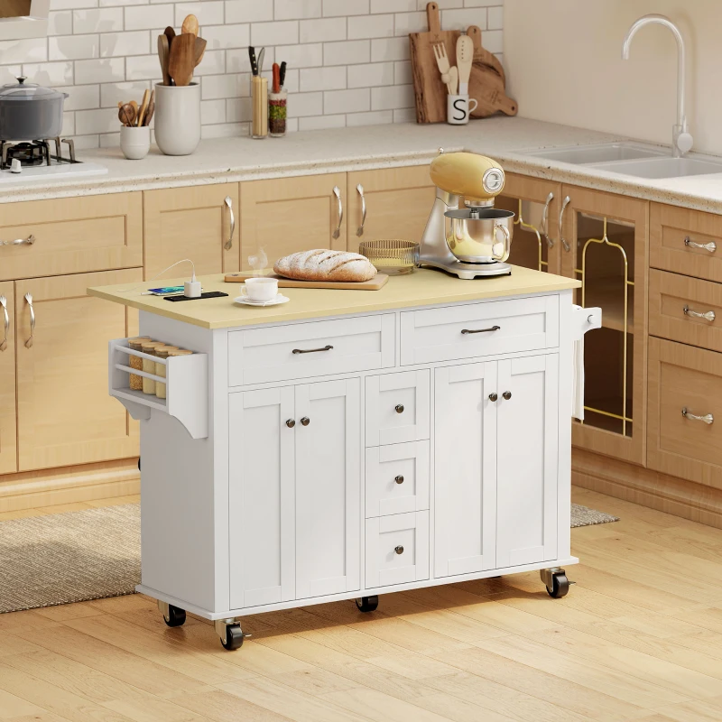 HOMCOM Kitchen Island Cart with Power Outlet & Drop Leaf, 55" Rolling Kitchen Island on Wheels with Storage, White