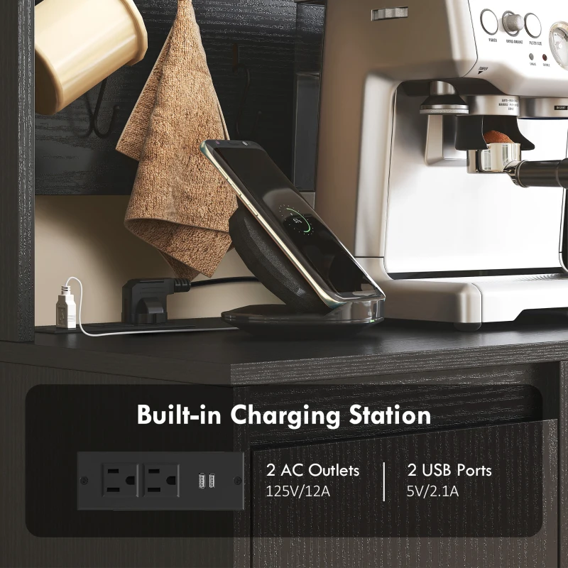 HOMCOM 71" Pantry Cabinet with Charging Station, Kitchen Storage Cabinet with Microwave Stand, Pegboard, 6 S-hooks, Black