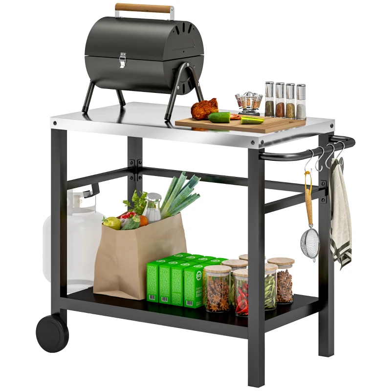 Outsunny Outdoor Grill Dining Cart with Stainless Steel Tabletop, 2-Shelf BBQ Movable Pizza Oven Stand with Wheels, Charcoal Grey