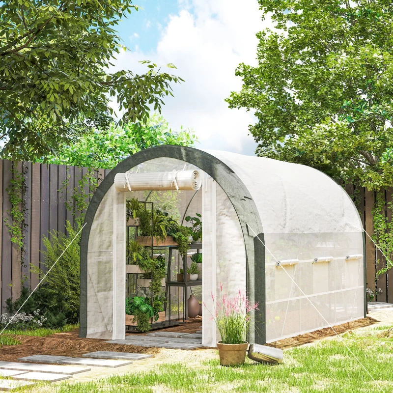 Outsunny 10'x6.6'x6.6' Upgraded Tunnel Greenhouse Green House with Mesh Door and Windows, 6 Plant Labels and Gloves, White