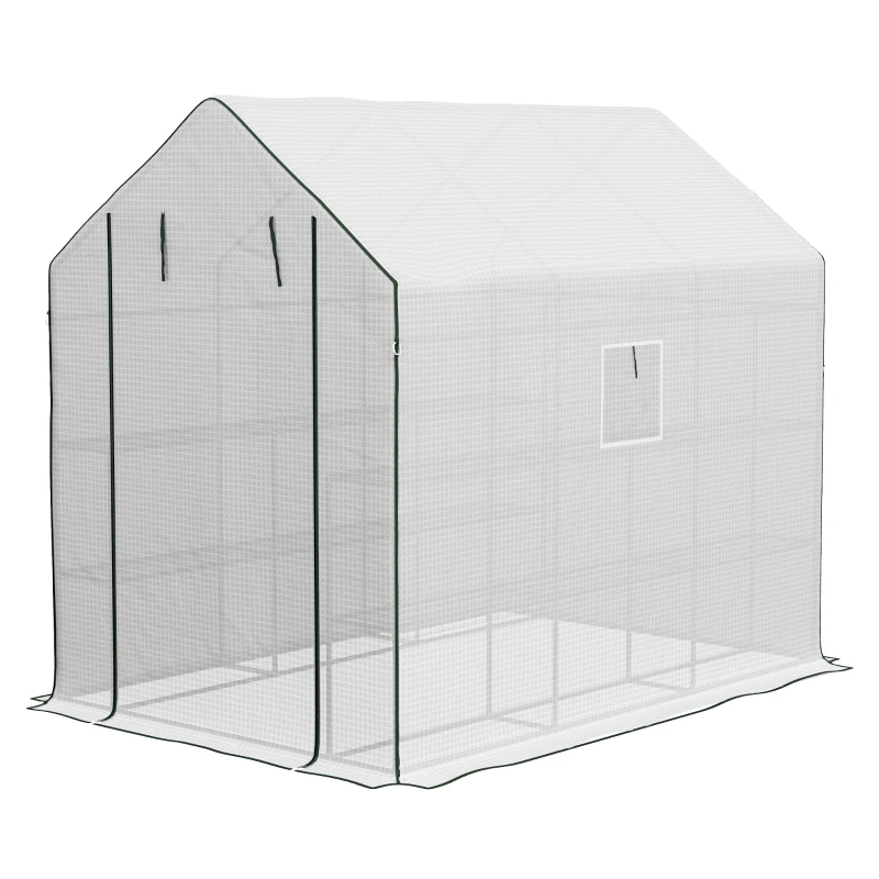 Outsunny Walk-in Greenhouse with 3 Tier, Garden Plant Growhouse with Roll-up Door and Mesh Windows, 140 x 213 x 190 cm, White