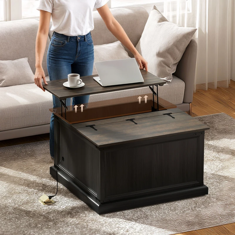 HOMCOM Lift Top Coffee Table with Charging Station, Square Farmhouse Center Table with Hidden Storage, Black Wood Grain