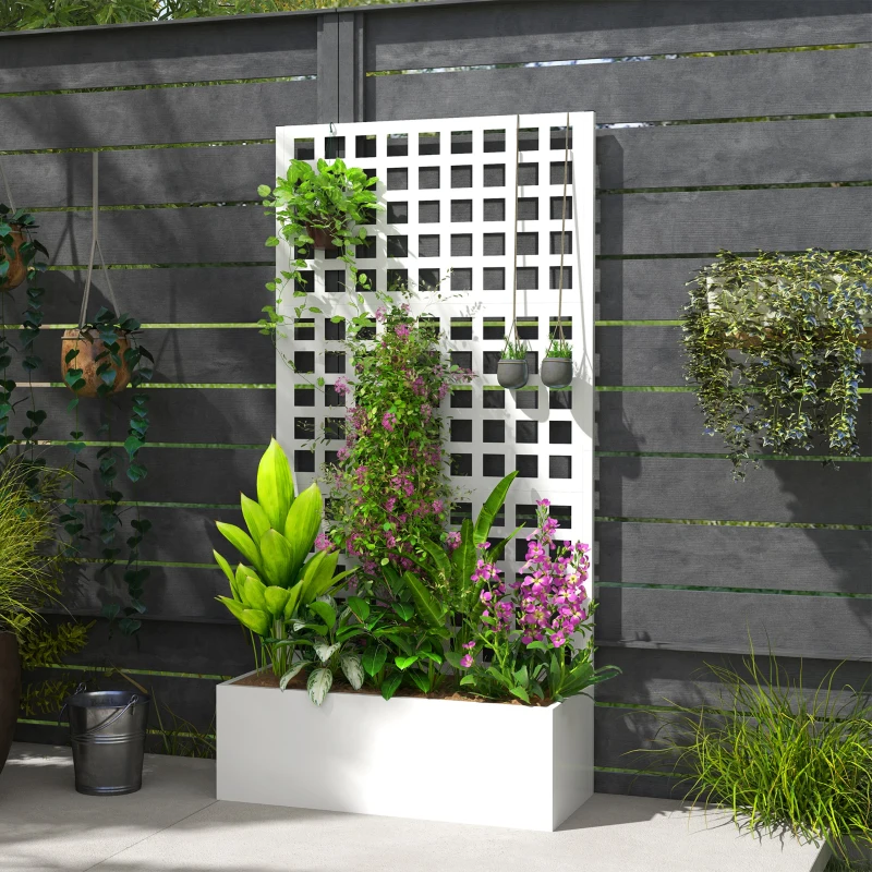 Outsunny Galvanized Raised Garden Bed Planter Box with Trellis for Climbing Plants, Vegetable, Vines, 35" x 16" x 70", White