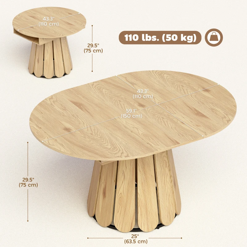 HOMCOM Extendable Dining Table, Round to Oval Convertible Kitchen Table with Storage Shelf for Dining Room, Natural