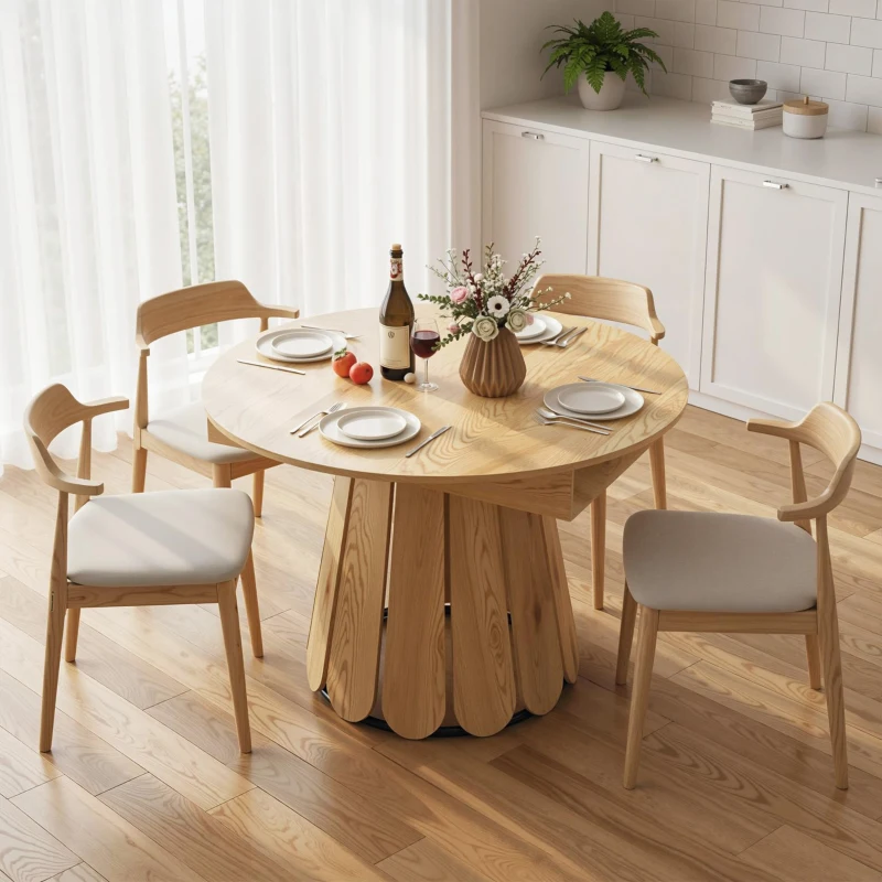 HOMCOM Extendable Dining Table, Round to Oval Convertible Kitchen Table with Storage Shelf for Dining Room, Natural