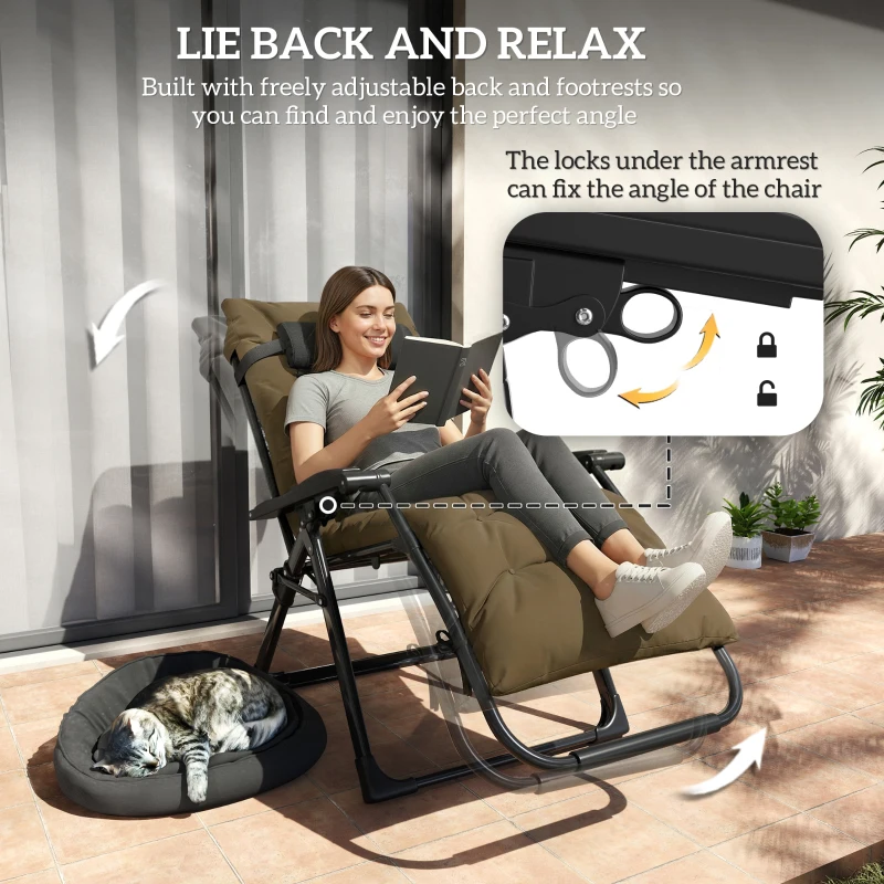Outsunny Folding Garden Chair, Reclining Zero Gravity Chair, Sun Lounger with Cushion and Headrest, Khaki