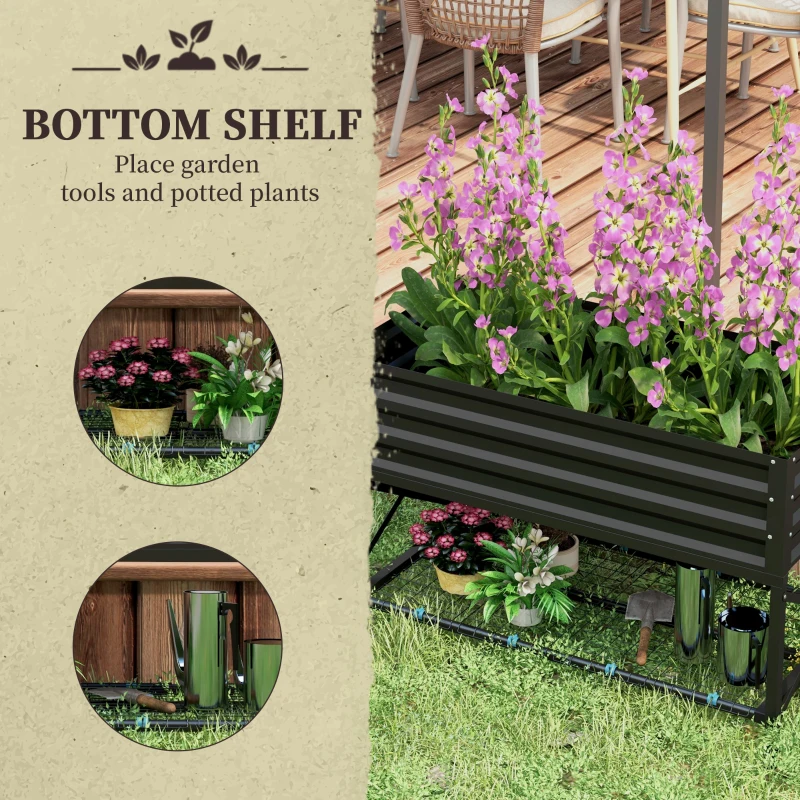 Outsunny Galvanized Raised Garden Bed, Metal Planter Box with Bed Liner and Storage Shelf, for Vegetables Flowers Herbs, Black