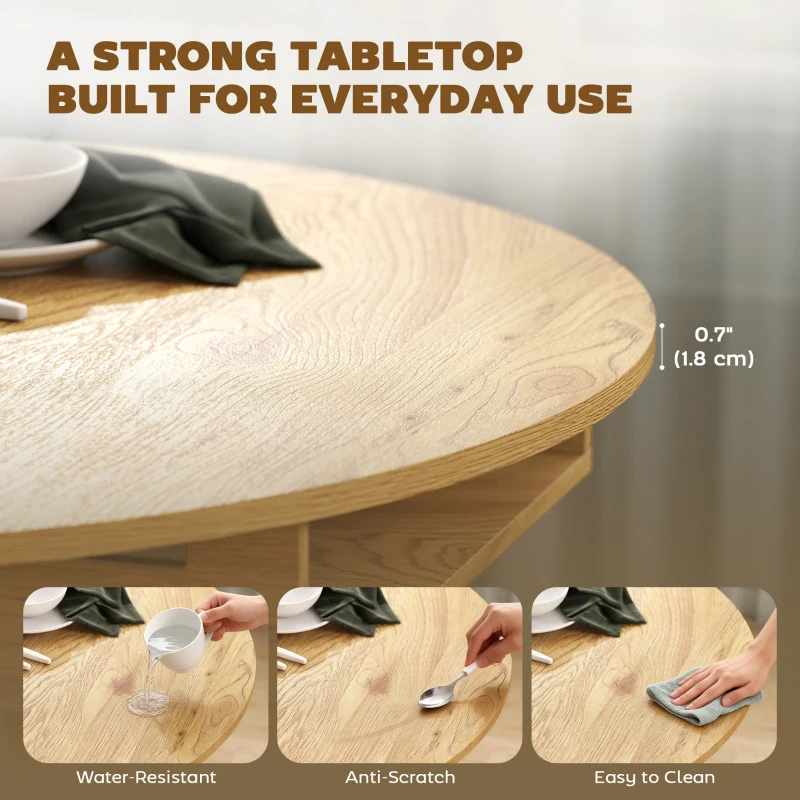 HOMCOM Extendable Dining Table, Round to Oval Convertible Kitchen Table with Storage Shelf for Dining Room, Natural