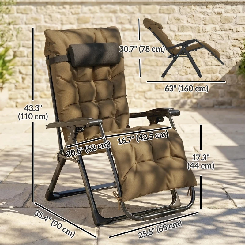 Outsunny Folding Garden Chairs Set of 2, Reclining Zero Gravity Chair, Sun Lounger with Cushion and Headrest, Khaki