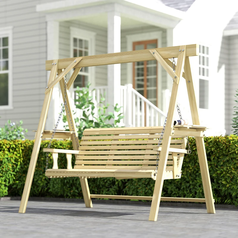 Outsunny 3 Seat Wooden Porch Swing with Stand, Patio Swing with Side Tables, for Garden, Poolside, Backyard, Natural Wood