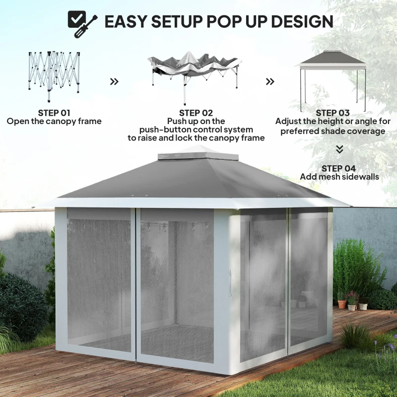 Outsunny 11' x 11' Pop Up Gazebo, Double Roof Foldable Height Adjustable Canopy Tent with Mesh Sidewalls, Carrying Bag, Dark Grey