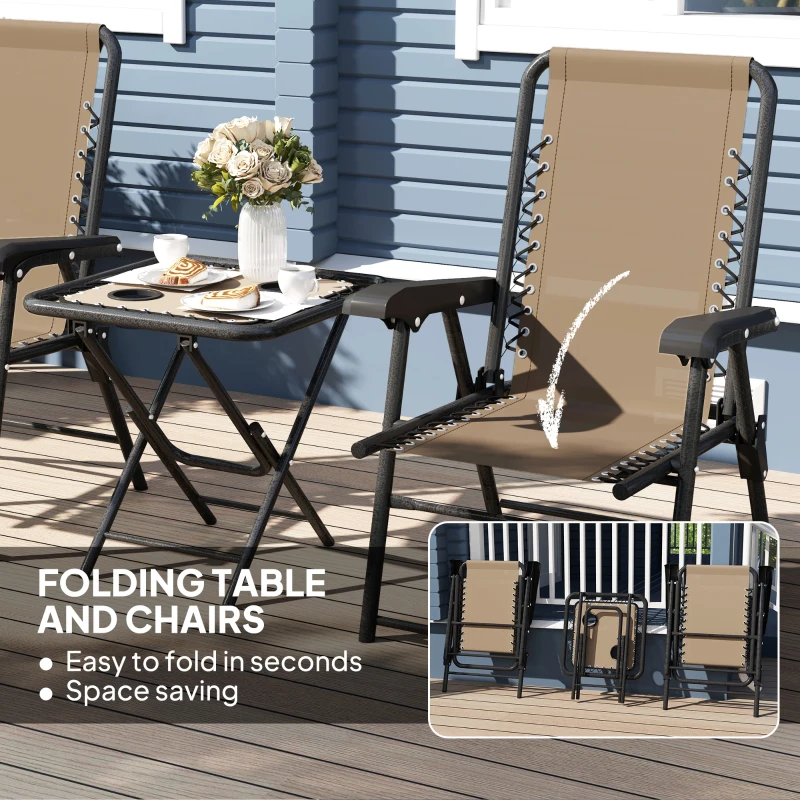 Outsunny 3 Pieces Patio Bistro Set, Outdoor Folding Table and Chairs Set, Metal Patio Furniture Set with Cup Holders, Khaki