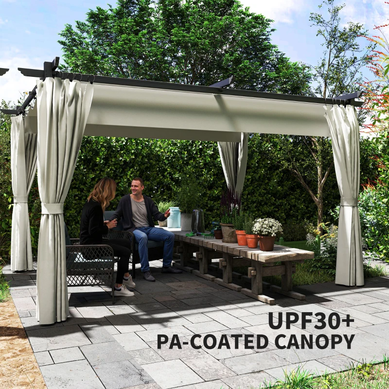 Outsunny 10' x 13' Pergola with Retractable Canopy and Curtains, UPF30+ Sun Shade Shelter for Grill, Garden, Backyard, Deck