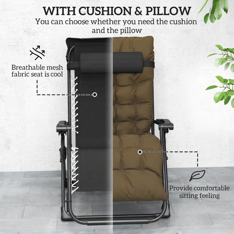 Outsunny Folding Garden Chair, Reclining Zero Gravity Chair, Sun Lounger with Cushion and Headrest, Khaki