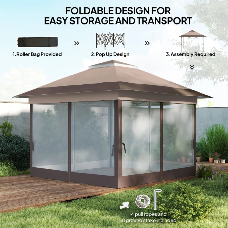 Outsunny 12' x 12' Foldable Pop-up Party Tent Instant Canopy Sun Shade Gazebo Shelter Steel Frame Oxford w/ Roller Bag, Brown