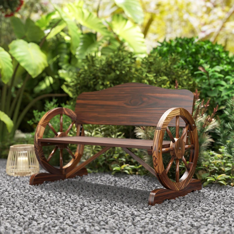 Outsunny Wooden Outdoor Bench, Garden Patio Loveseat with Wagon Wheel Armrests, 528LBS Capacity, Carbonized
