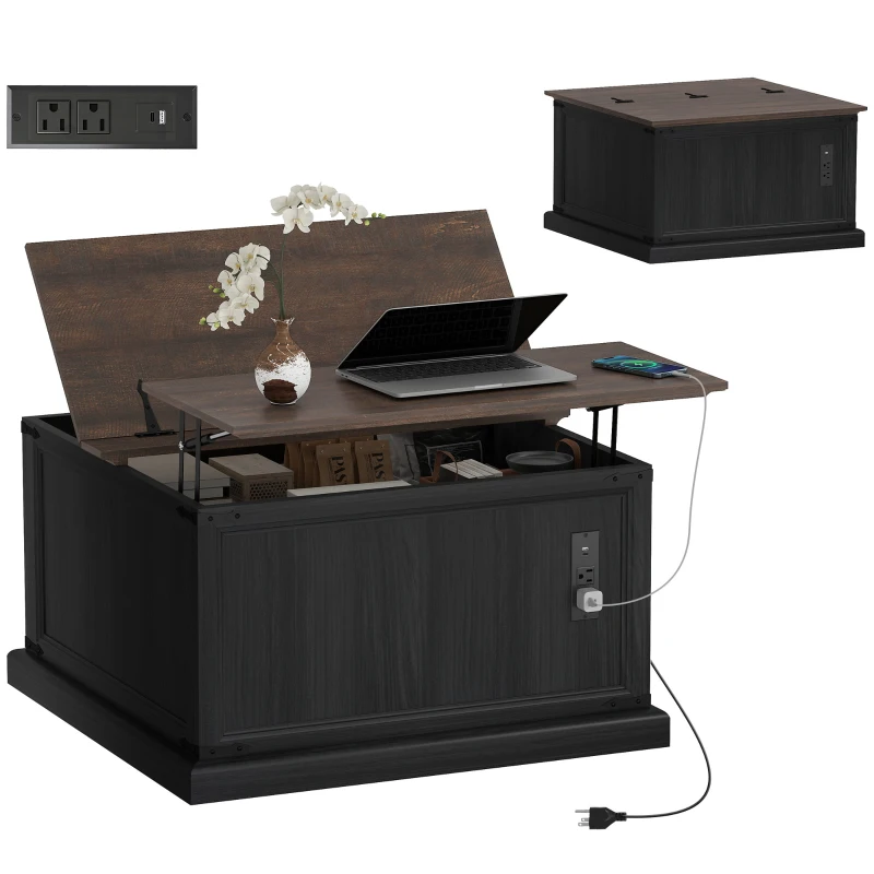 HOMCOM Lift Top Coffee Table with Charging Station, Square Farmhouse Center Table with Hidden Storage, Black Wood Grain