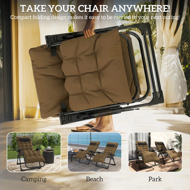 Outsunny Folding Garden Chairs Set of 2, Reclining Zero Gravity Chair, Sun Lounger with Cushion and Headrest, Khaki
