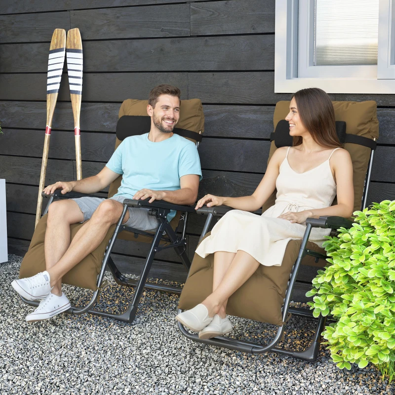 Outsunny Folding Garden Chairs Set of 2, Reclining Zero Gravity Chair, Sun Lounger with Cushion and Headrest, Khaki