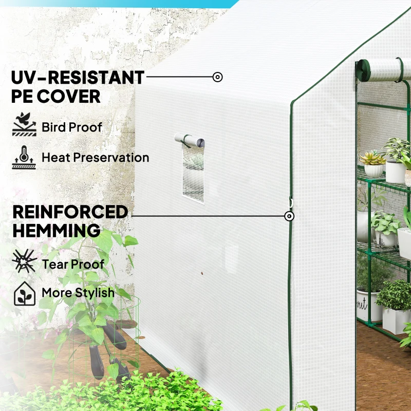 Outsunny Walk-in Greenhouse with 3 Tier, Garden Plant Growhouse with Roll-up Door and Mesh Windows, 140 x 213 x 190 cm, White