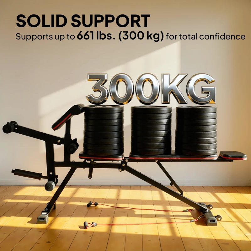 Soozier Adjustable Weight Bench with Wheels, Load 660LBS Workout Bench with Leg Extension, Preacher Curl and Resistance Bands