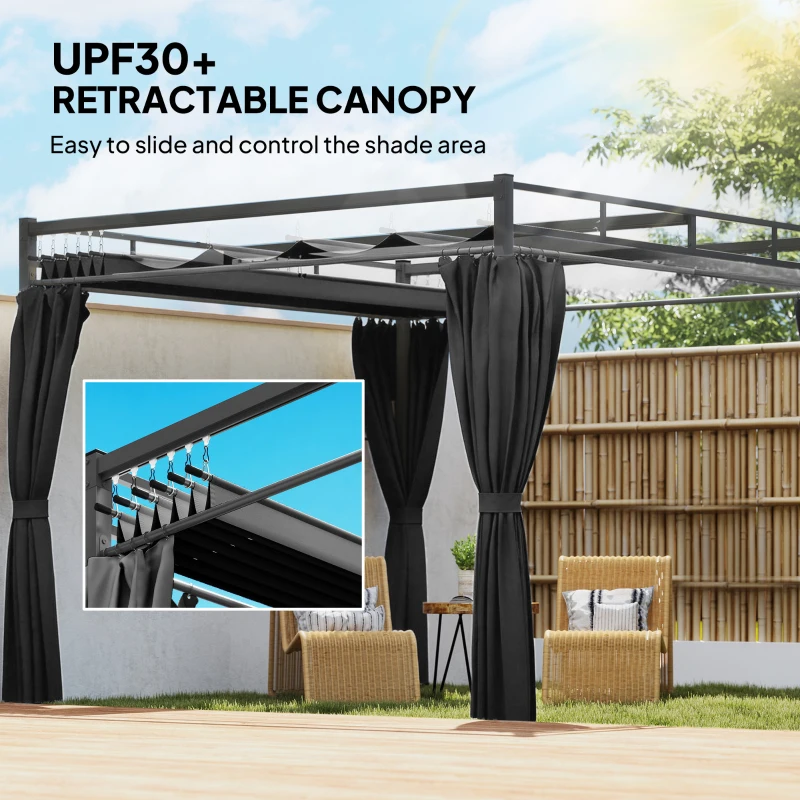 Outsunny 10' x 10' Outdoor Gazebo, Retractable Pergola Canopy with Curtains, UPF30+ Free Standing Metal Pergola Kit, Dark Grey