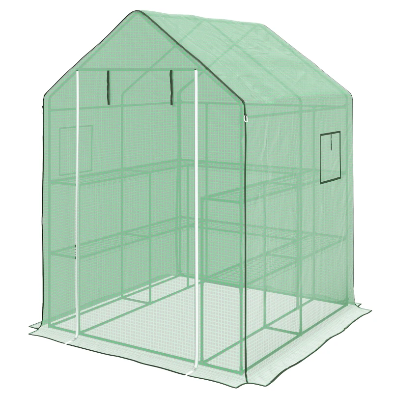 Outsunny Portable Greenhouse, Walk-In Small Outdoor Green House with 2 Tier U-Shaped Flower Rack Shelves, 4.6' x 4.7', Green