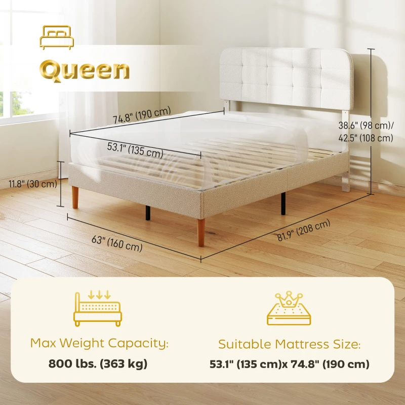 HOMCOM Queen Size Bed Frame with Adjustable Headboard Upholstered Platform Bed Frame with Wood Slat Support Noise Free White