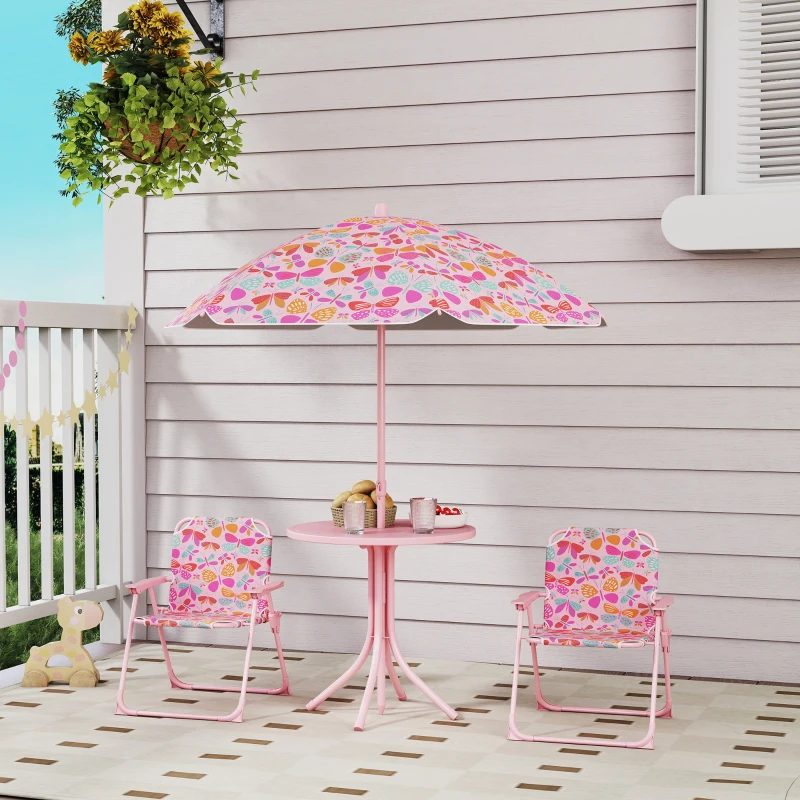 Qaba Kids Picnic Table and Chair Set, Outdoor Table with Foldable Chairs, Removable Umbrella, Pink