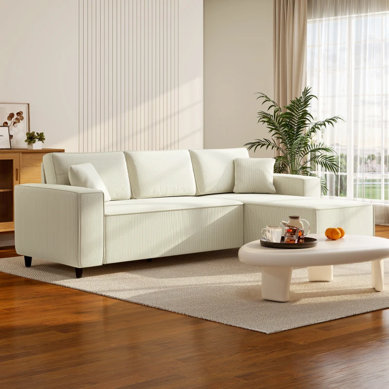 HOMCOM Corner Sofa with Reversible Chaise Lounge, Corduroy L-Shaped Sectional Sofa with Pocket Spring, Cream White