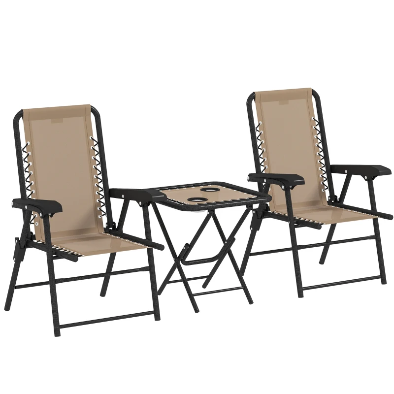 Outsunny 3 Pieces Patio Bistro Set, Outdoor Folding Table and Chairs Set, Metal Patio Furniture Set with Cup Holders, Khaki