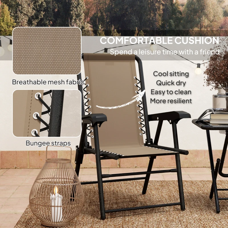 Outsunny 3 Pieces Patio Bistro Set, Outdoor Folding Table and Chairs Set, Metal Patio Furniture Set with Cup Holders, Khaki