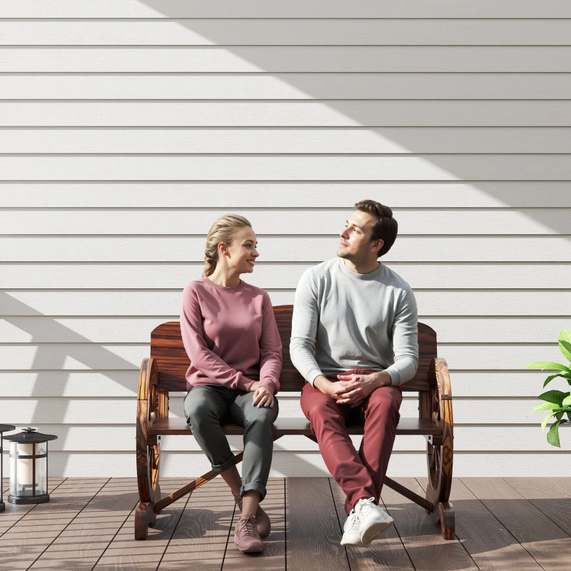 Outsunny Wooden Outdoor Bench, Garden Patio Loveseat with Wagon Wheel Armrests, 528LBS Capacity, Carbonized