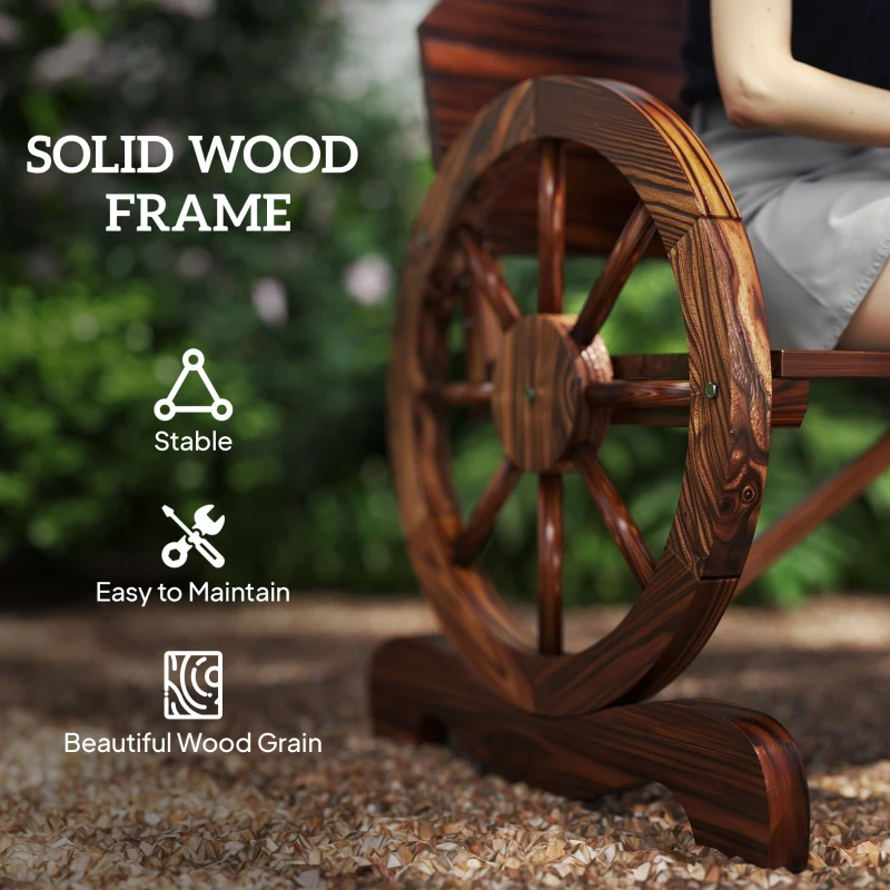 Outsunny Wooden Outdoor Bench, Garden Patio Loveseat with Wagon Wheel Armrests, 528LBS Capacity, Carbonized