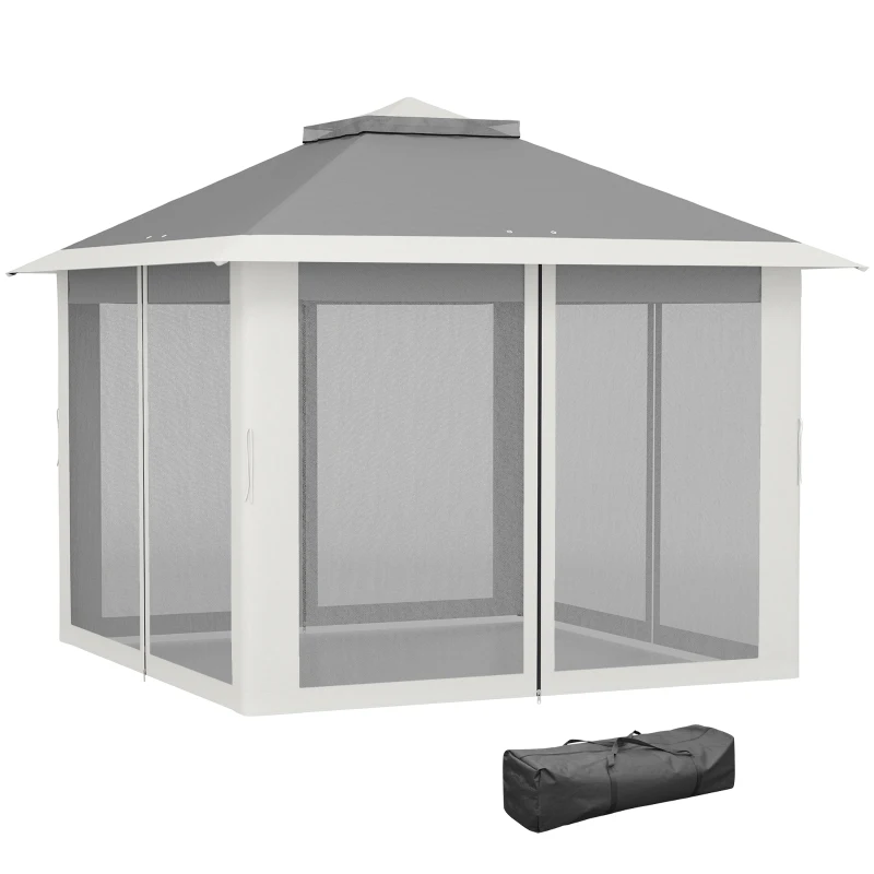 Outsunny 11' x 11' Pop Up Gazebo, Double Roof Foldable Height Adjustable Canopy Tent with Mesh Sidewalls, Carrying Bag, Dark Grey