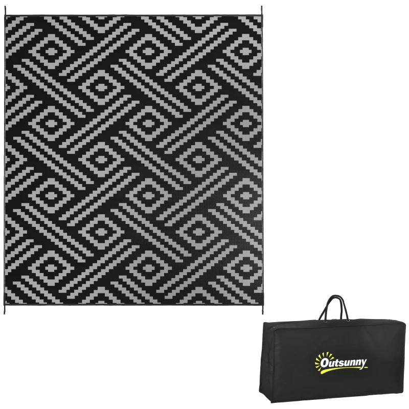 Outsunny Reversible Outdoor Rug Carpet RV Camping Rugs with Carry Bag, 8' x 10', Black & Gray Geometric