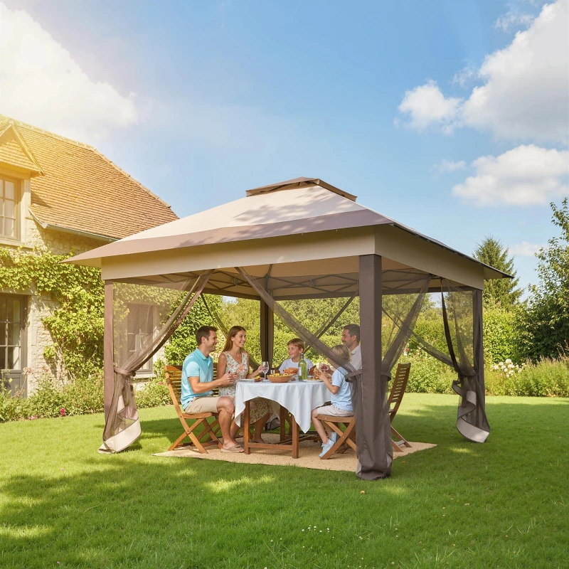 Outsunny 12' x 12' Foldable Pop-up Party Tent Instant Canopy Sun Shade Gazebo Shelter Steel Frame Oxford w/ Roller Bag, Brown
