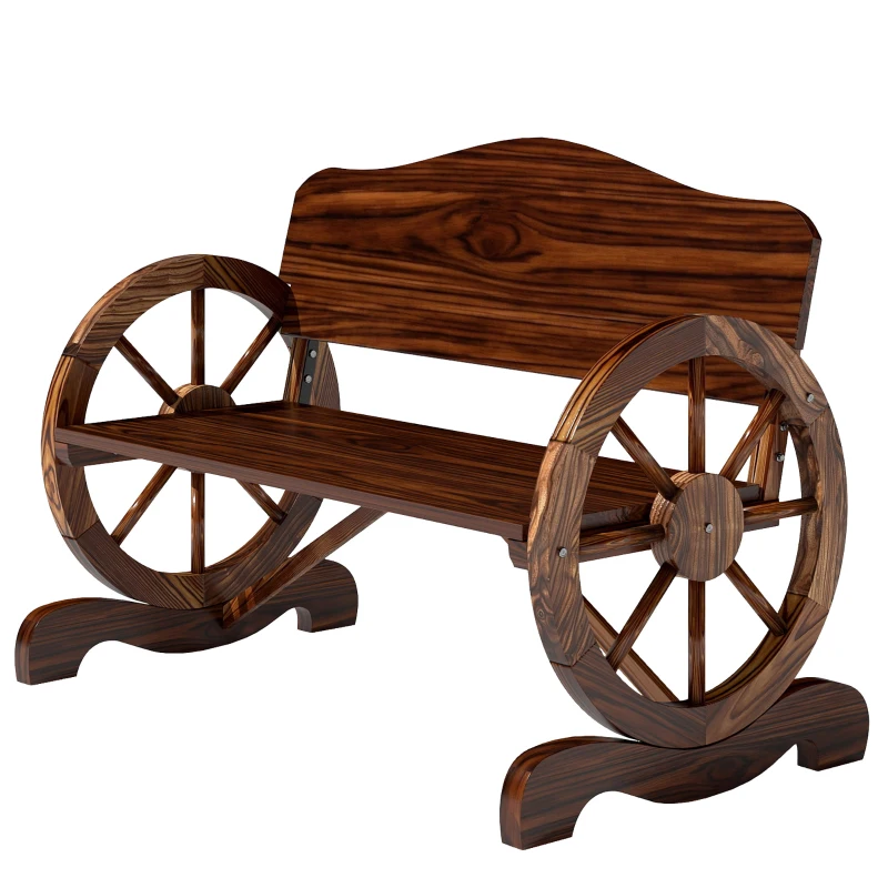 Outsunny Wooden Outdoor Bench, Garden Patio Loveseat with Wagon Wheel Armrests, 528LBS Capacity, Carbonized