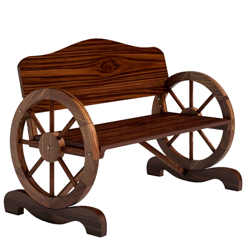 Outsunny Wooden Outdoor Bench, Garden Patio Loveseat with Wagon Wheel Armrests, 528LBS Capacity, Carbonized