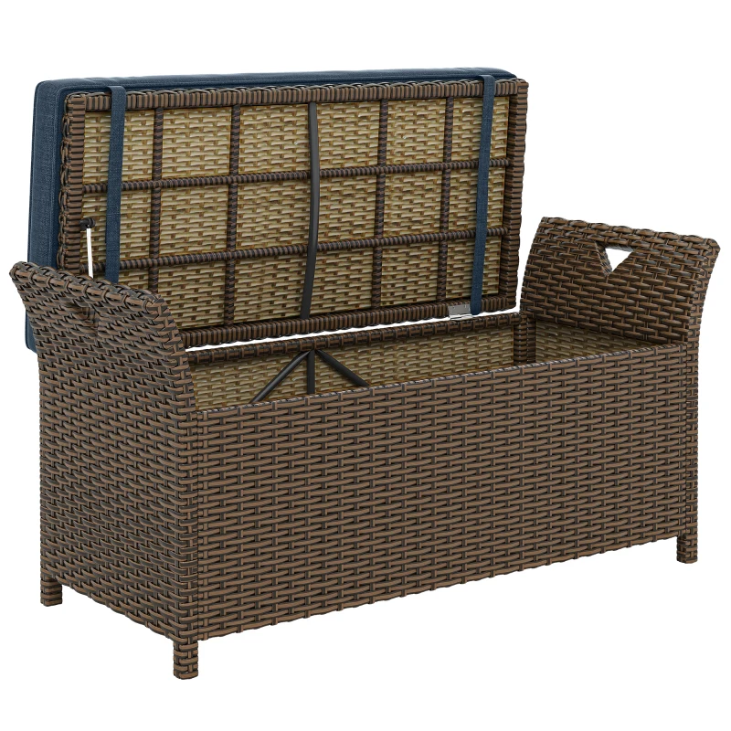 Outsunny 2-In-1 Outdoor Storage Bench, 29 Gallon Wicker Deck Box with Handles and Cushion, Navy Blue