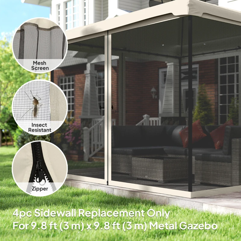 Outsunny Replacement Mosquito Netting for Gazebo 10' x 10' Black Screen Walls for Canopy with Zippers for Parties and Outdoor Activities, Cream White