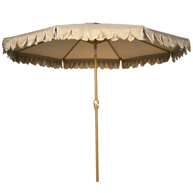 Outsunny 9 ft Patio Umbrella with Push Button Tilt and Crank, Double-ruffled Outdoor Market Table Umbrella Parasoll, Khaki