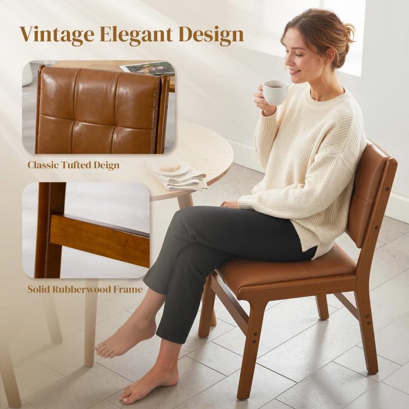 HOMCOM Set of 2 Kitchen Chairs, Button Tufted PU Leather Upholstered Dining Chairs with Rubberwood Legs for Dining Room, Brown