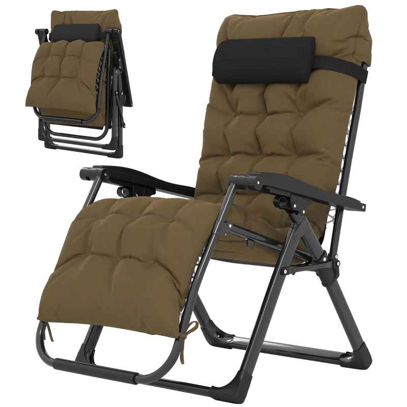 Outsunny Folding Garden Chair, Reclining Zero Gravity Chair, Sun Lounger with Cushion and Headrest, Khaki
