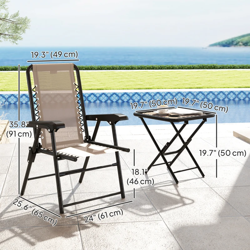 Outsunny 3 Pieces Patio Bistro Set, Outdoor Folding Table and Chairs Set, Metal Patio Furniture Set with Cup Holders, Khaki