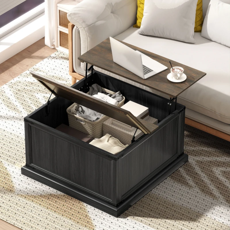 HOMCOM Lift Top Coffee Table with Charging Station, Square Farmhouse Center Table with Hidden Storage, Black Wood Grain